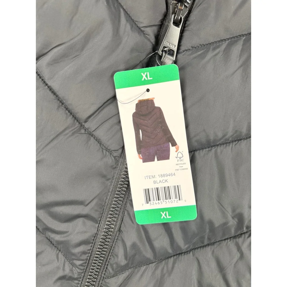 DKNY Womens Mixed Media Hooded Puffer Jacket Black XL 1889464